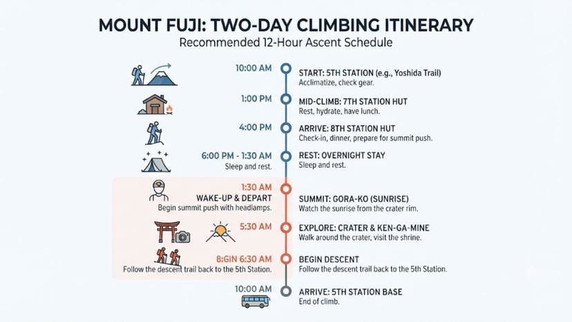 A simple timeline infographic showing the 12-hour climbing schedule.