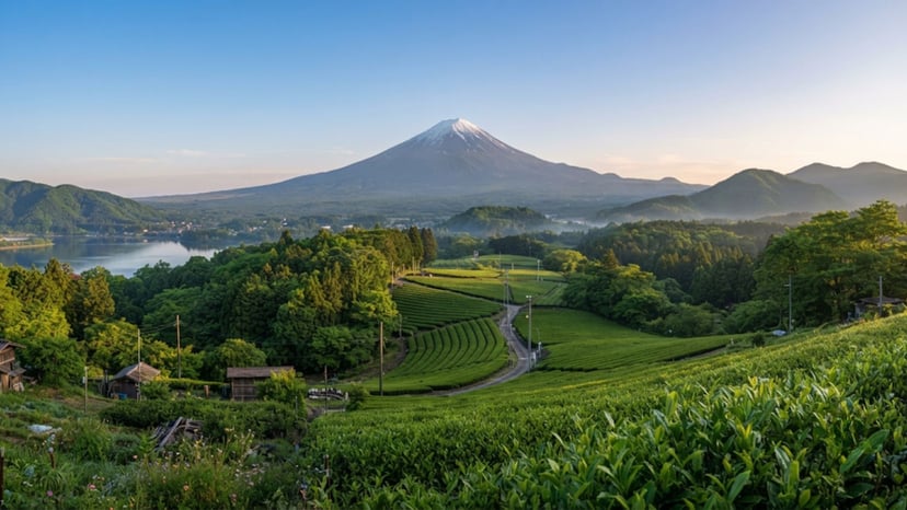 A beautiful landscape photo of Mount Fuji viewed from the base in summer.