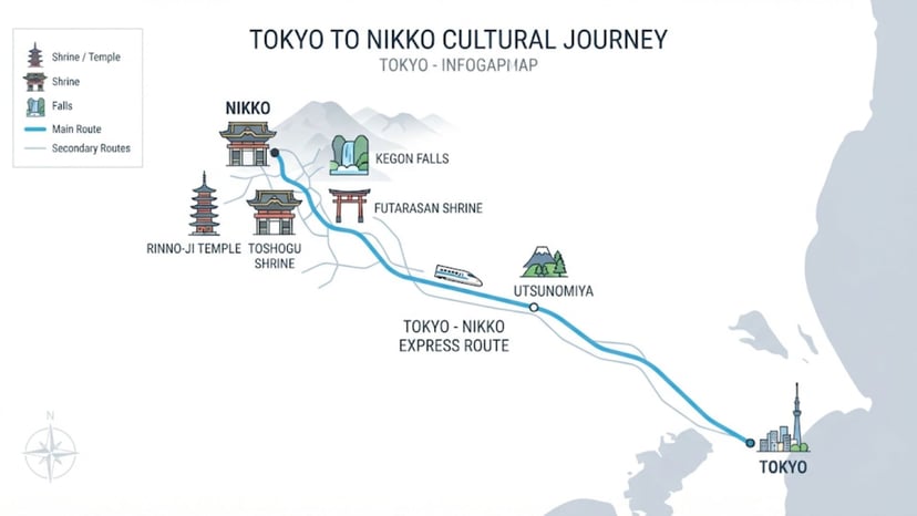 A simplified map showing the route from Tokyo to Nikko's key sites.