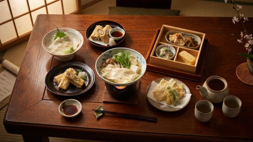 A traditional Japanese meal featuring various Yuba dishes.