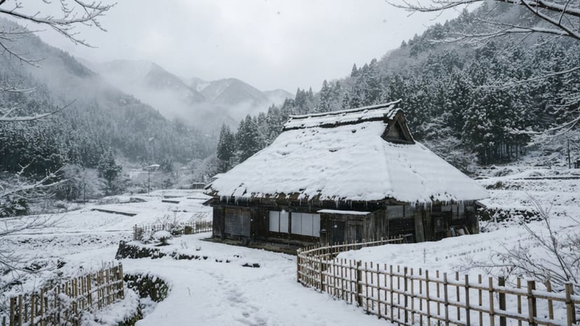 A snow-covered shrine gate in Nikko during winter.