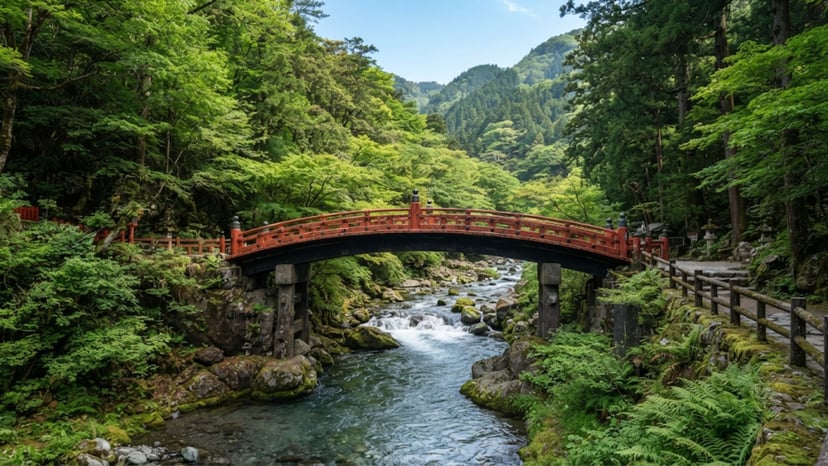 The vermilion Shinkyo Bridge surrounded by lush green trees.
