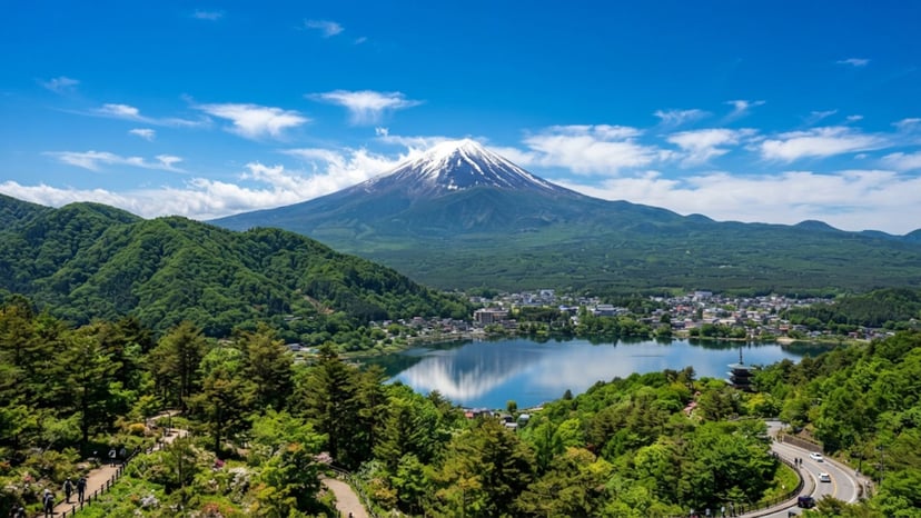 Panoramic view of Mount Fuji towering over alpine forests on a clear day