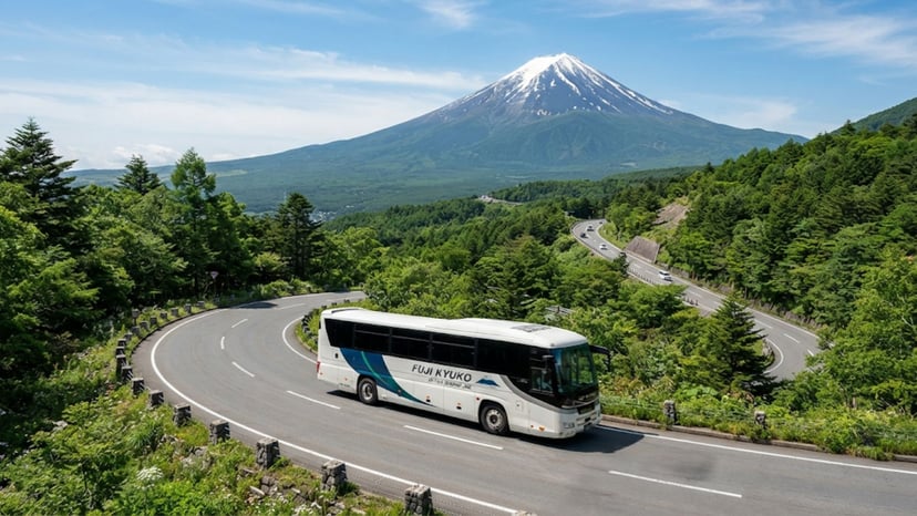 Highway bus driving on the scenic Fuji Subaru Line road toward Mount Fuji
