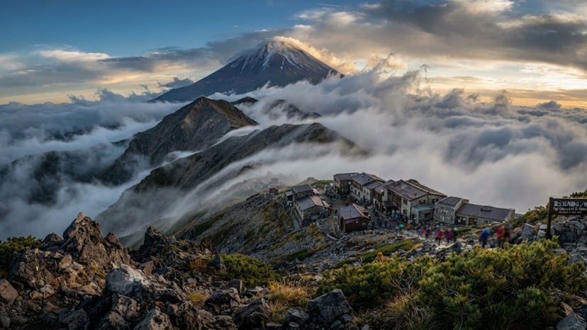 Clouds and mist rolling over the alpine ridge at Mount Fuji 5th Station