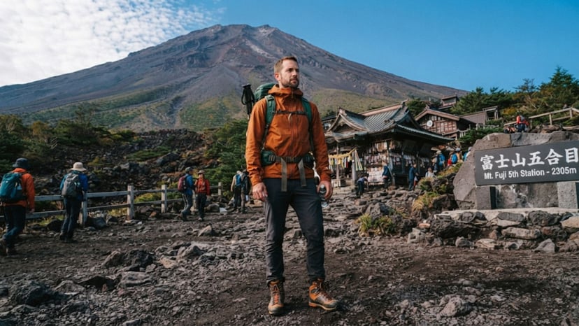 Traveler walking on uneven volcanic terrain wearing appropriate gear