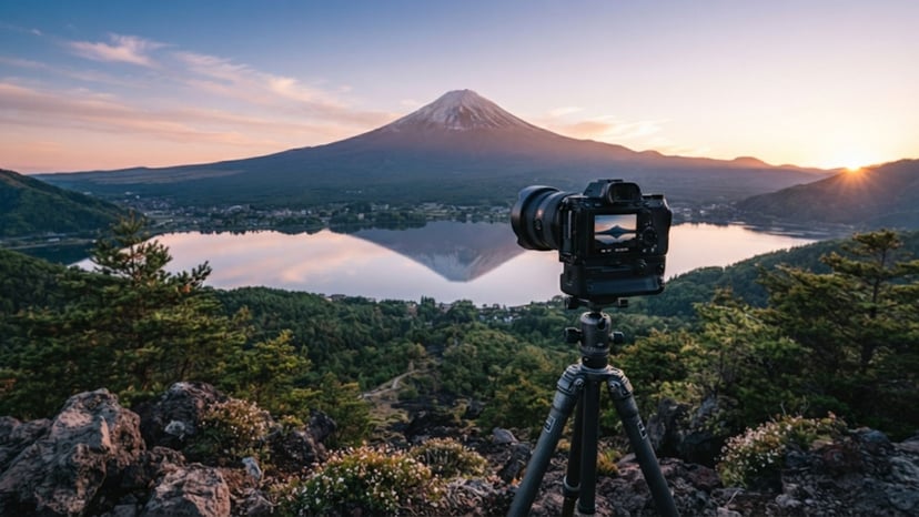 Professional camera setup on a tripod capturing Mount Fuji at sunrise