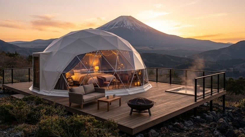 Luxury glamping dome tent with a direct view of Mount Fuji at sunset