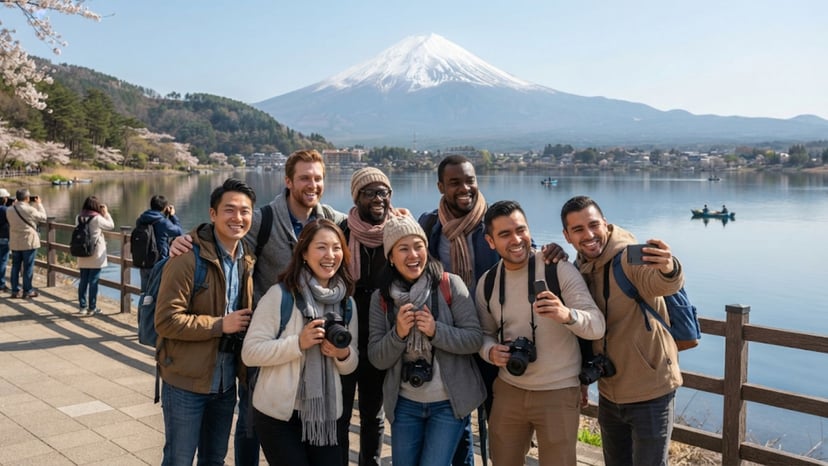 Happy tourists enjoying a guided tour at Lake Kawaguchiko with Mount Fuji