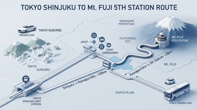Route map showing travel distance from Tokyo to Mount Fuji 5th Station for private and public transport