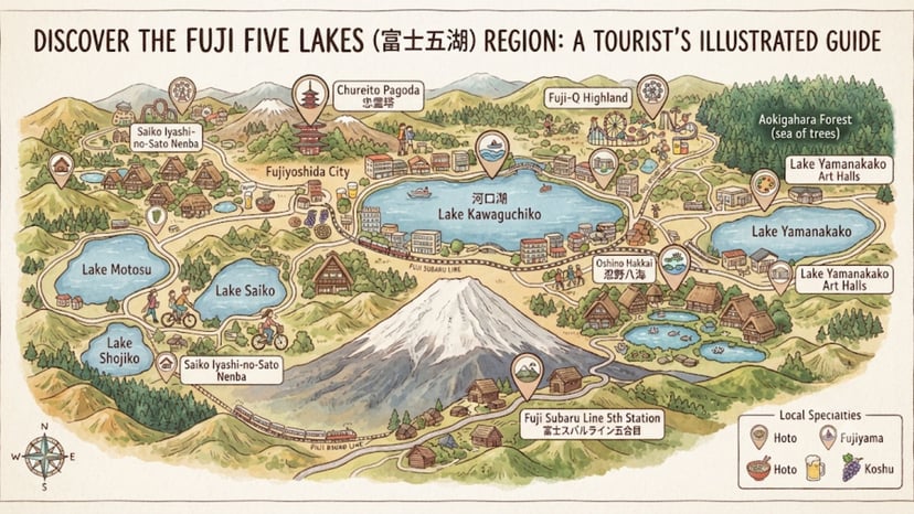 Illustrated tourist map highlighting key destinations around Mount Fuji