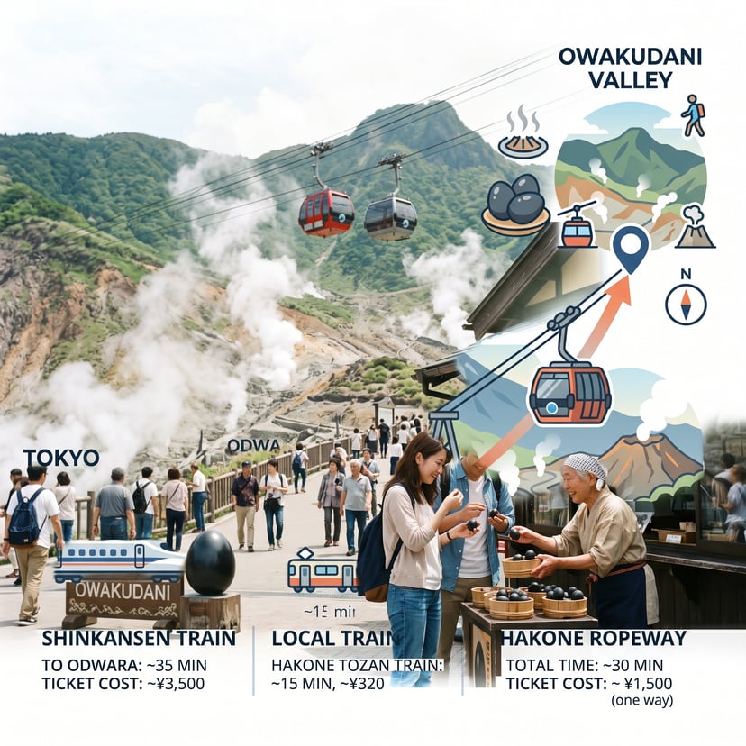 Step-by-step transit infographic showing trains, cable cars, and ropeway routes to reach Owakudani.