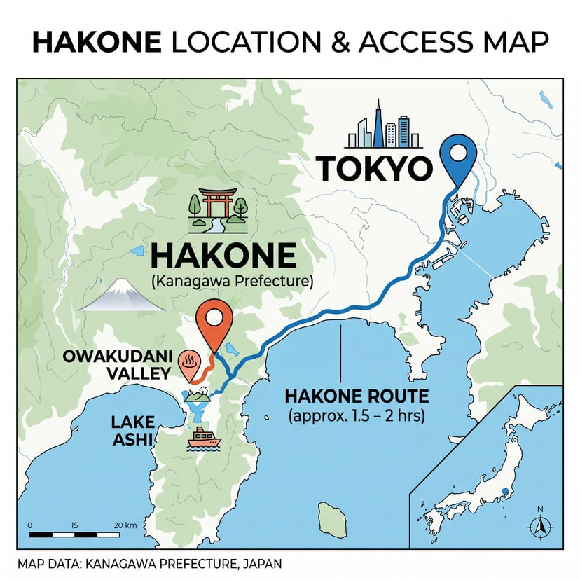 Minimalist map showing the transit route from Tokyo to Hakone and Owakudani Valley near Mount Fuji