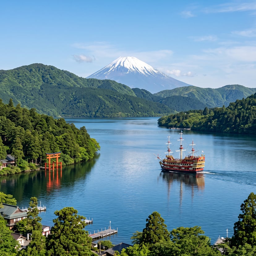 Pirate sightseeing cruise boat sailing across Lake Ashi with a clear view of Mount Fuji in the background.