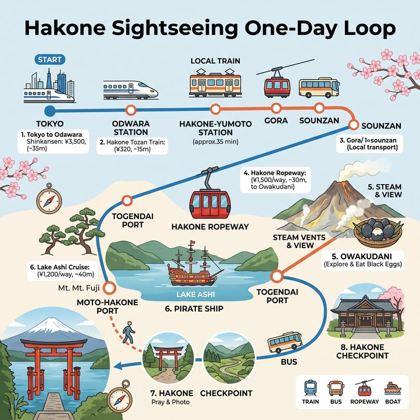 Step-by-step transit infographic showing trains, cable cars, and ropeway routes to reach Owakudani.