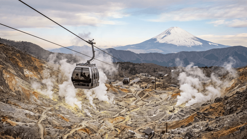 Hakone Ropeway cable car passing over the steaming sulfuric volcanic valley of Owakudani with Mount Fuji in the background