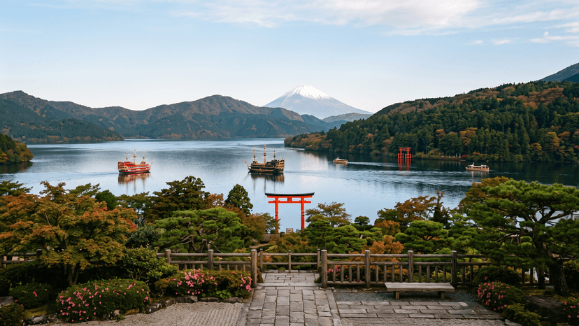 Panoramic scenic viewpoint of Lake Ashi and Mount Fuji from the lush gardens of Onshi Hakone Park Kanagawa Japan