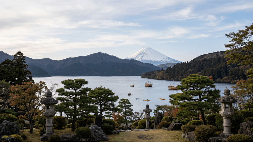 Scenic view of Lake Ashi and Mount Fuji framed by traditional Japanese stone lanterns and pines from Narukawa Art Museum viewpoint in Hakone