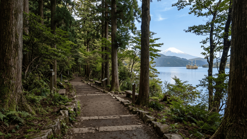 Peaceful stone-paved walking trail through tall ancient cedar trees along the shore of Lake Ashi Hakone with Mount Fuji in the background