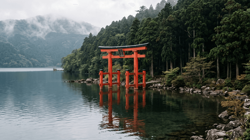 The iconic red Torii Gate of Peace Heiwa no Torii at Hakone Shrine standing in the serene water of Lake Ashi Japan