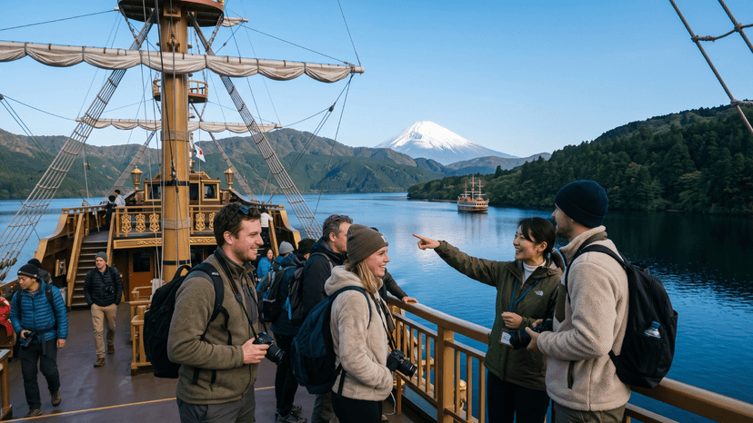 Diverse group of travelers smiling and gesturing towards Mount Fuji from the upper deck of a Hakone Pirate Ship on Lake Ashi, dynamic candid photo