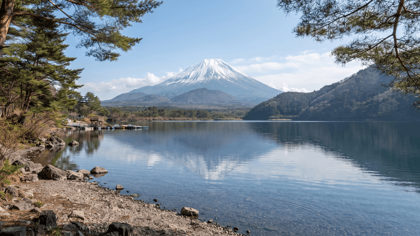 Scenic view of Lake Motosu featuring the iconic 1000 yen banknote Mt Fuji scenery