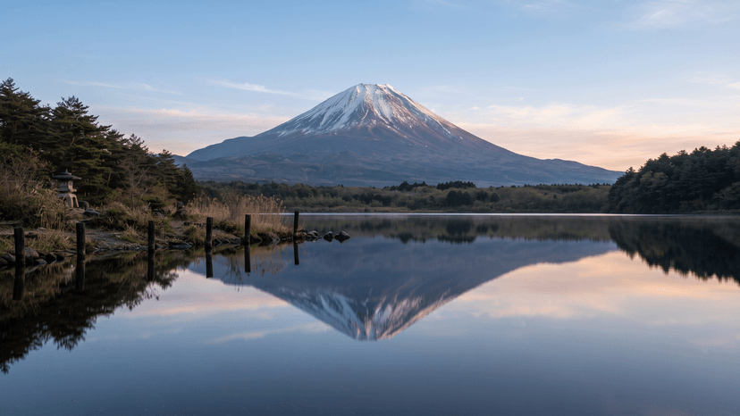 Upside down reflection of Mount Fuji on the calm surface of Lake Shoji