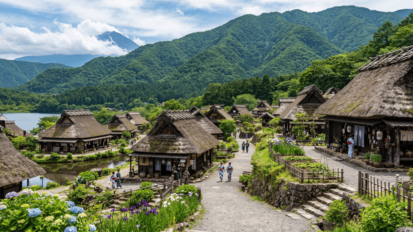 Traditional thatched roof houses at Saiko Iyashi no Sato Nenba village near Mt Fuji