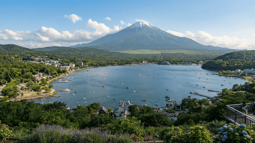 Lake Yamanaka water sports and outdoor activities with Mount Fuji background