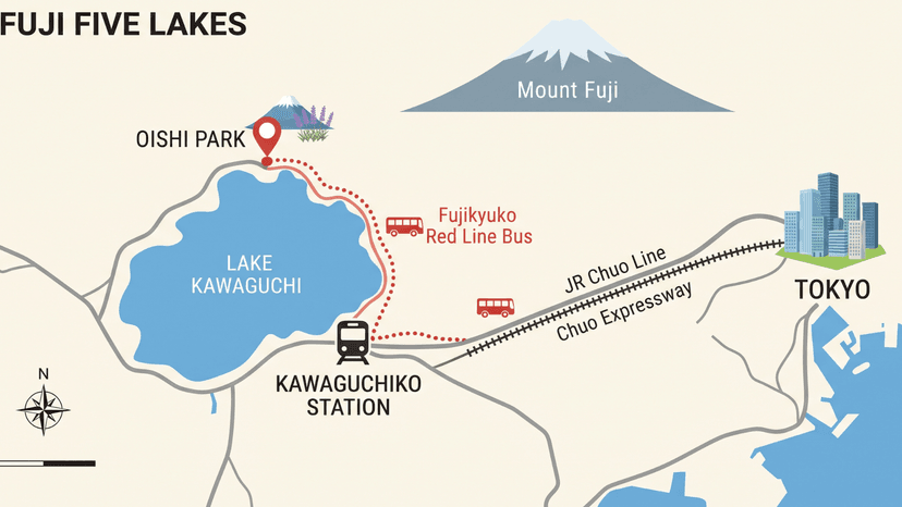Travel route map showing the path from Tokyo to Kawaguchiko Station and Oishi Park
