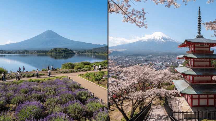 Wide open lakeside views at Oishi Park compared to structured pagoda framing