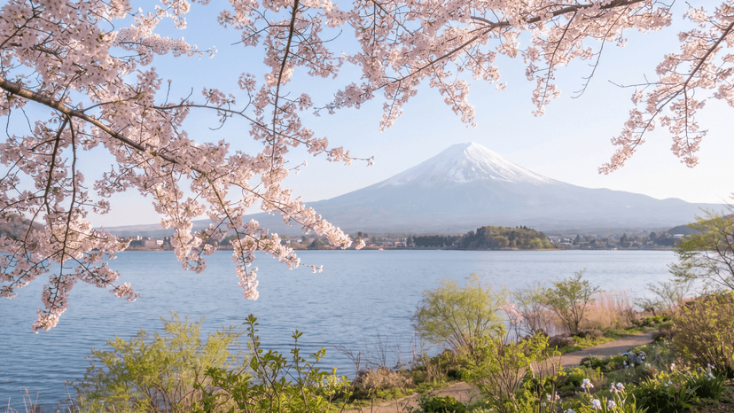 Delicate pink cherry blossoms framing a snow-capped Mount Fuji in spring at Oishi Park
