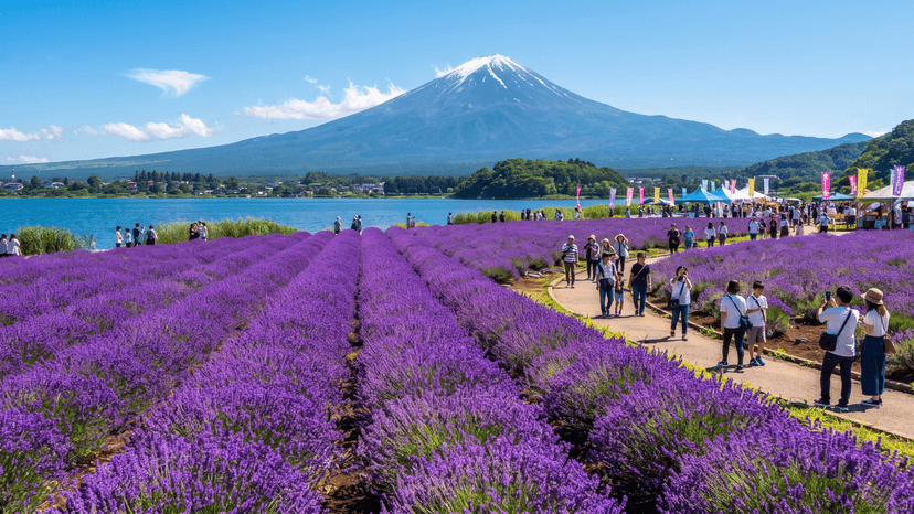 Vibrant purple lavender fields blooming along Lake Kawaguchi with Mount Fuji in the background