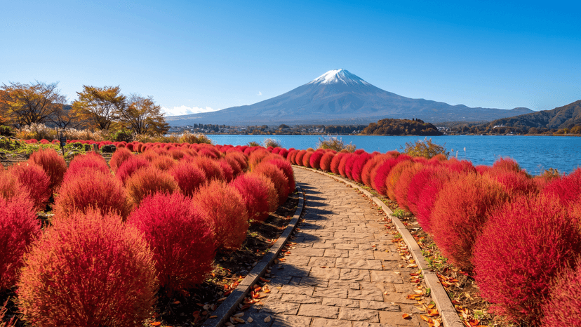 Bright red Kochia bushes lined up along the lakeside path at Oishi Park with Mount Fuji