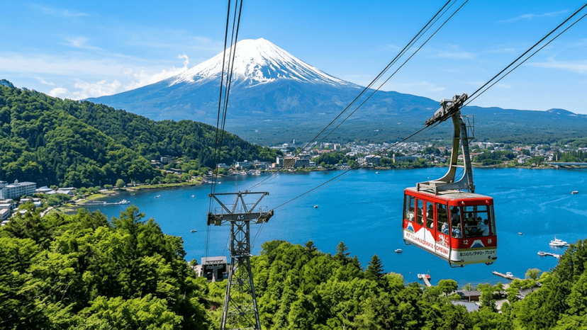 Mount Fuji Panoramic Ropeway cable car ascending Tenjo Mountain over Lake Kawaguchiko