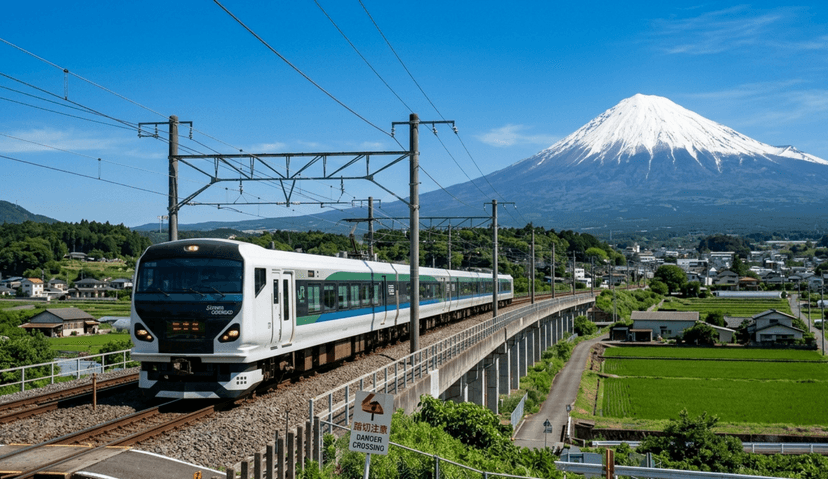 Direct Fuji Excursion express train running with snow-capped Mount Fuji in the background