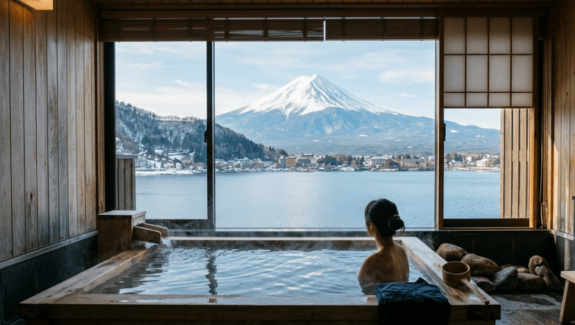 Traditional Japanese luxury hot spring bath onsen overlooking Mount Fuji near Lake Kawaguchiko