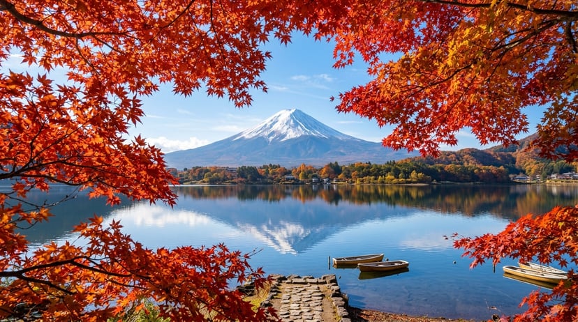 Vibrant autumn maple leaves corridor framing Mount Fuji over Lake Kawaguchiko Japan