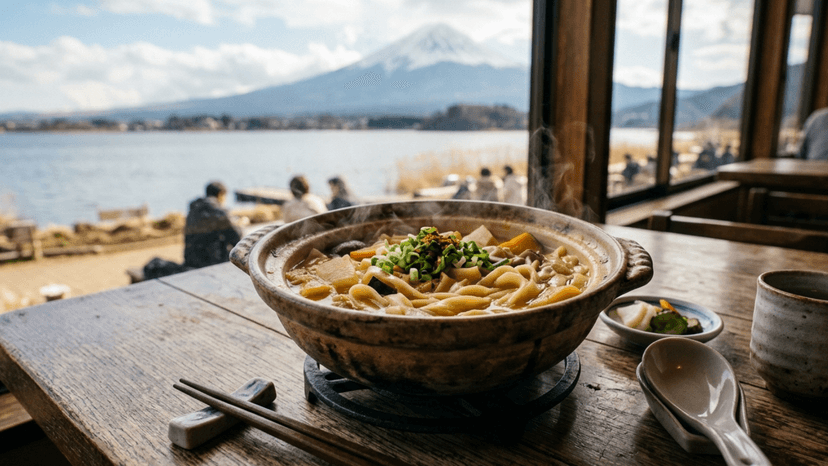 A traditional Japanese earthenware pot of Hoto noodle soup with vegetables near Lake Kawaguchiko