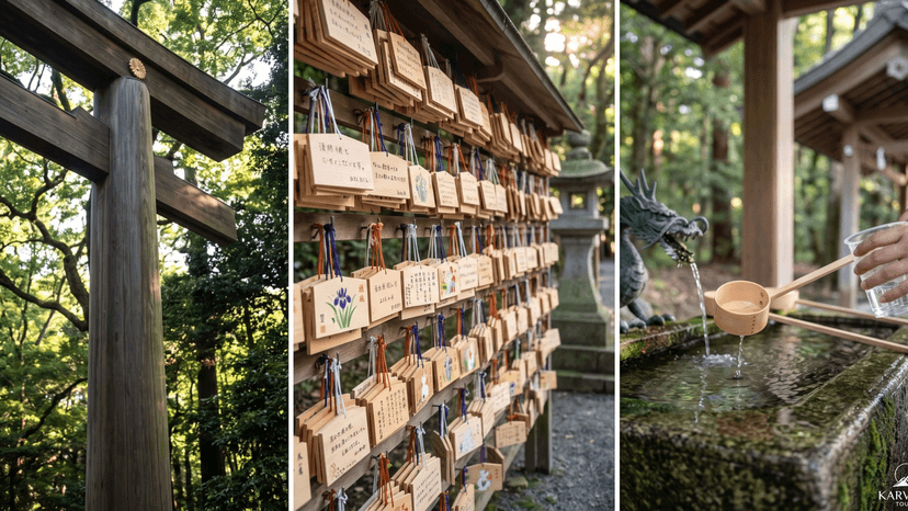 Detail shot of mossy stone purification fountain (Temizuya) at Meiji Jingu, with a wooden ladle rinsing hands.
