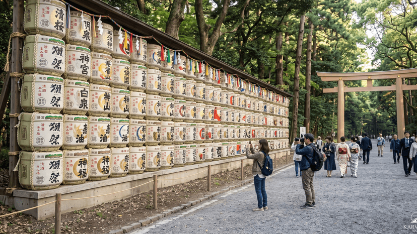 Traditional decorative Japanese sake barrels (Kazaridaru) wrapped in straw along the forest path at Meiji Jingu Shrine, Tokyo