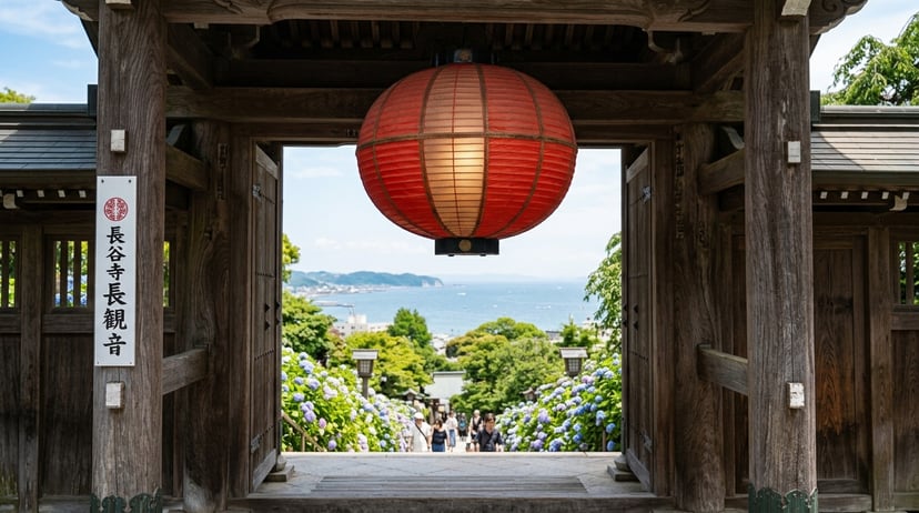 Hasedera Temple traditional wooden main entrance gate.