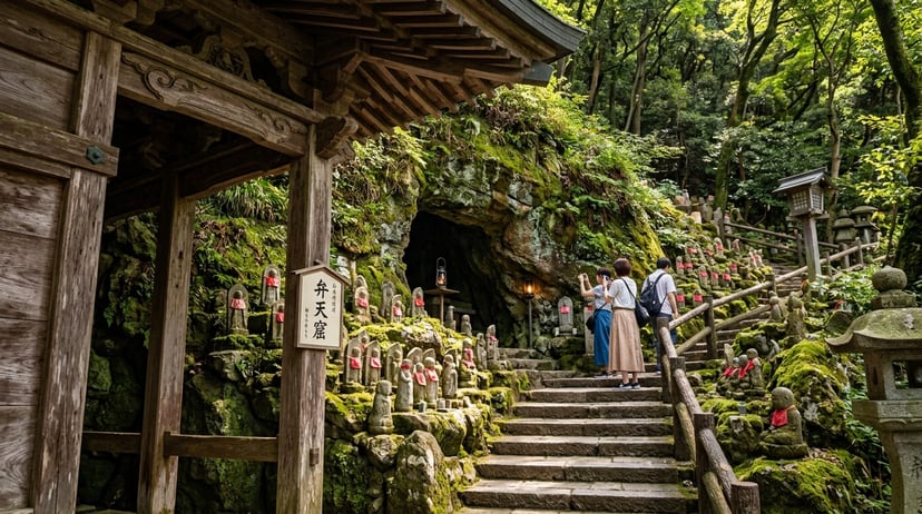 Mossy stone entrance to Benten-kutsu cave Kamakura.