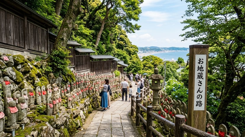 Rows of small stone Jizo statues in Hasedera garden.