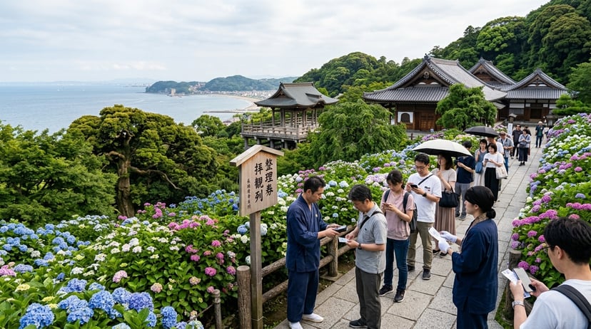Visitors queue on Hasedera Hydrangea Path.