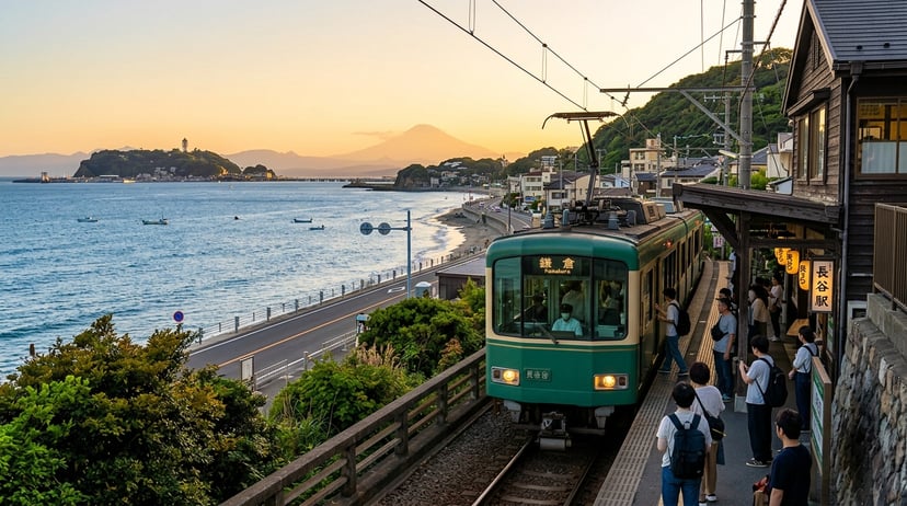 Classic green Enoden train at Hase Station Kamakura.