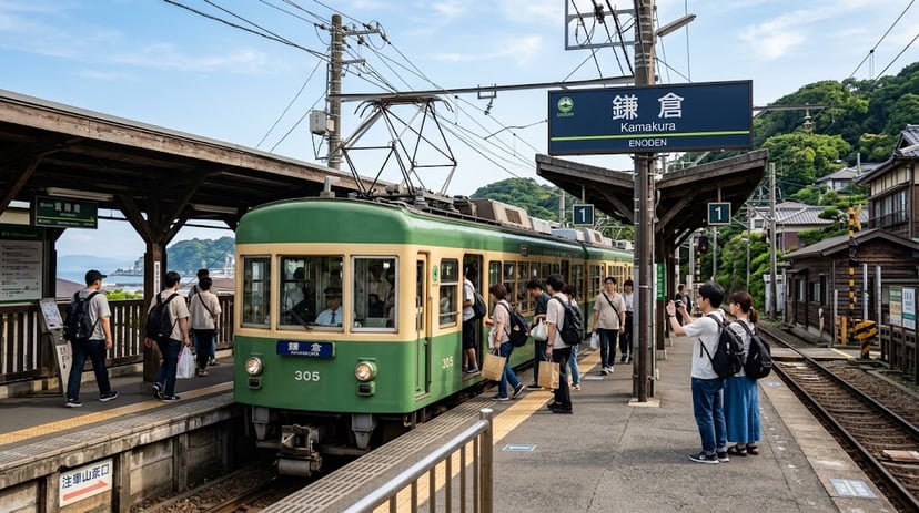 Enoden train at Kamakura Station Japan