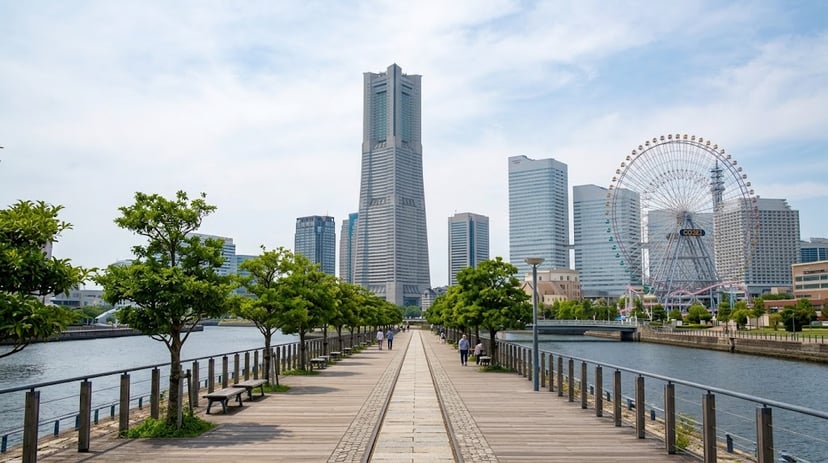 A view looking down Kishamichi Promenade towards the modern Yokohama skyline and Landmark Tower