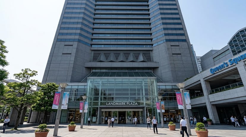 Ground-level exterior view of the tall Yokohama Landmark Tower and Landmark Plaza entrance.