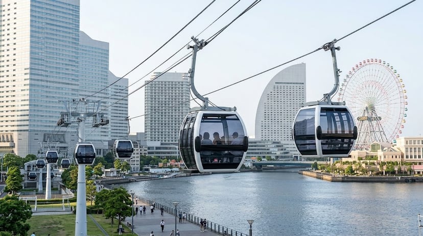 Sleek ropeway cabins of Yokohama Air Cabin passing over the water with skyline in the background